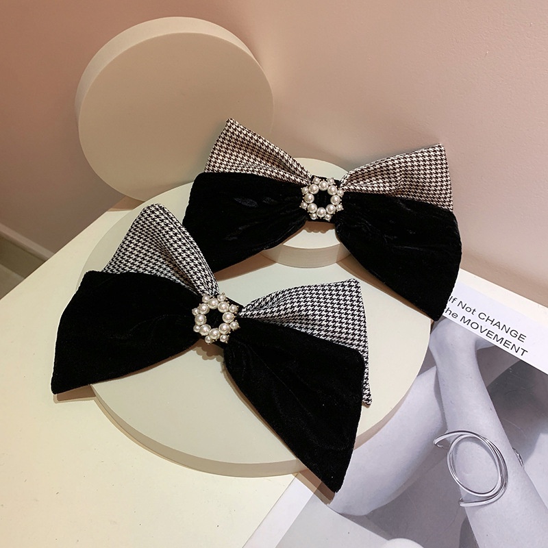 Kẹp Tóc Nơ Vải Nhung Đính Ngọc Trai Phong Cách Vintage