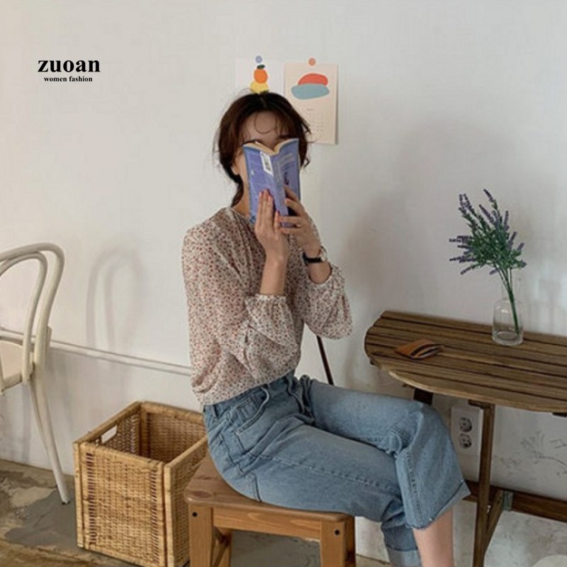 SUXI Áo Sơ Mi Nữ Tay Dài Họa Tiết Hoa Kiểu Hàn Quốc