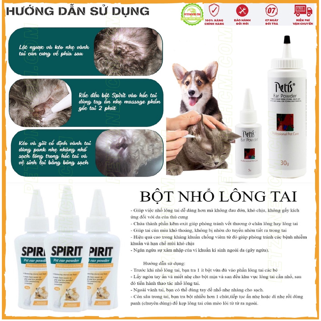 Bột nhổ lông tai cho chó mèo Spirit ️, Petis ️ FREESHIP ️ không đau, kích ứng da, mau khô, kháng khuẩn | PetZoneHCM