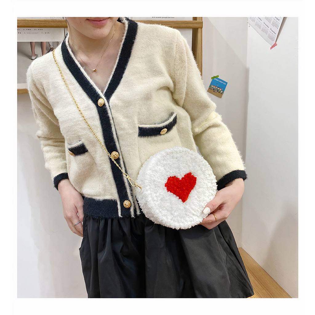 Túi len tự đan, túi đeo chéo hình tròn trái tim dễ thương cá tính - Bộ phụ kiện đầy đủ LX601