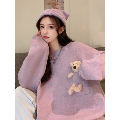 Áo Sweater dệt kim tay dài in hình gấu đáng yêu cho nữ | BigBuy360 - bigbuy360.vn