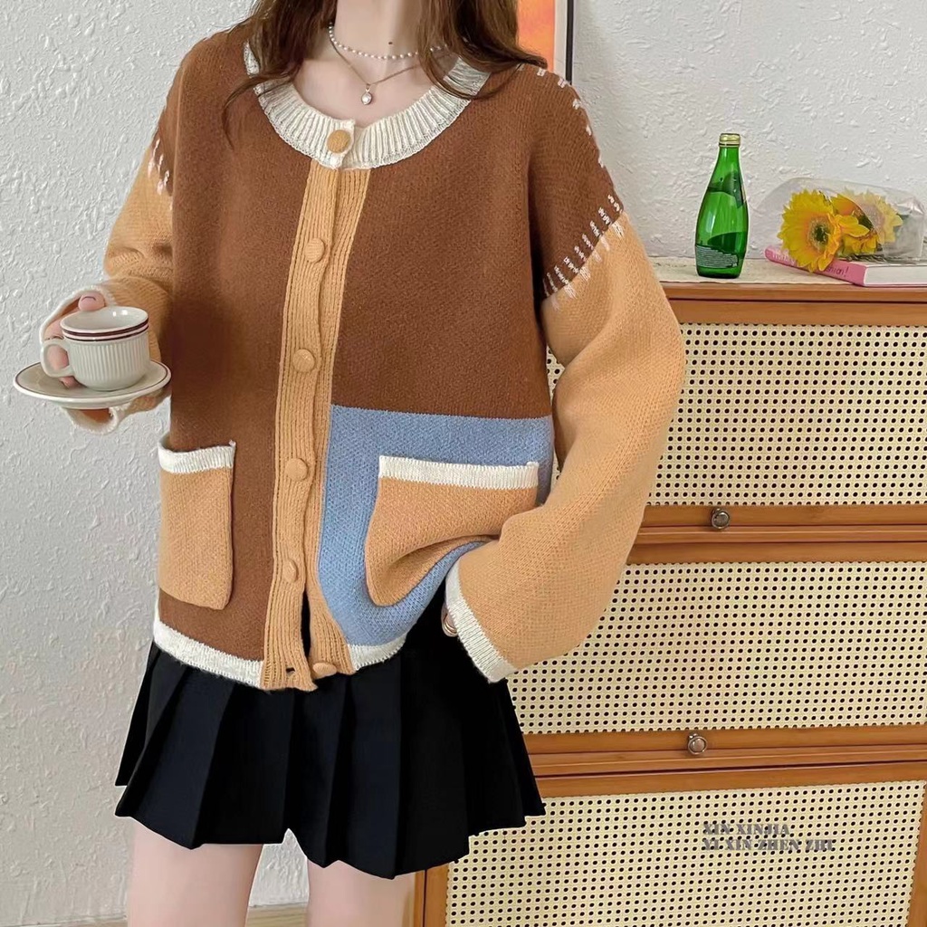 Hàng Sẵn_ Áo khoác len dệt kim  thiết kế khâu đắp màu retro Hadu shop