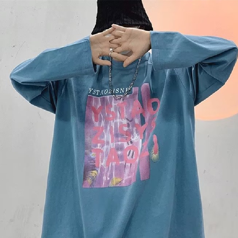 Áo Thun Tay Dài Dáng Rộng In Chữ Phong Cách Hàn Quốc Thời Trang Cho Nam Và Nữ size M-5XL