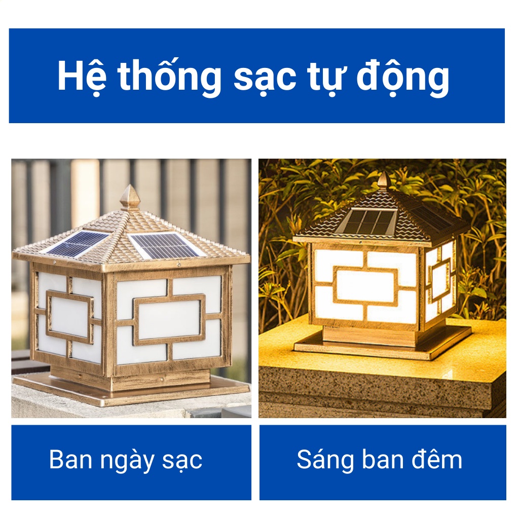Đèn năng lượng mặt trời trụ cổng cỡ lớn 400mm trang trí nhà cửa, vỏ nhôm nguyên khối,cảm biến ánh sáng,có điều khiển