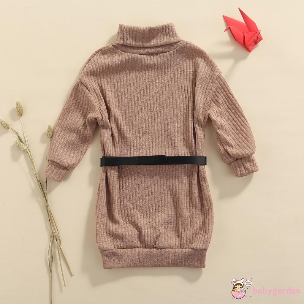 Đầm Dệt Kim Tay Dài Cổ Cao Dáng Rộng Màu Sắc Trơn Kèm Thắt Lưng Xinh Xắn Cho Bé Gái 2-7 Tuổi