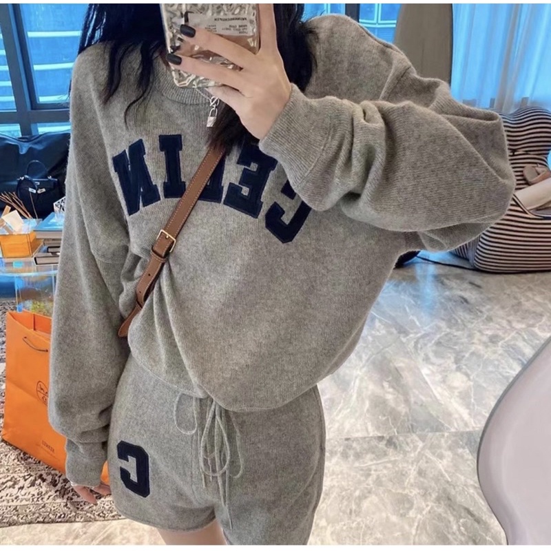 Set Bộ Chữ C Áo Dài Tay Quần Sooc Đùi Chất Bozip Màu Xám