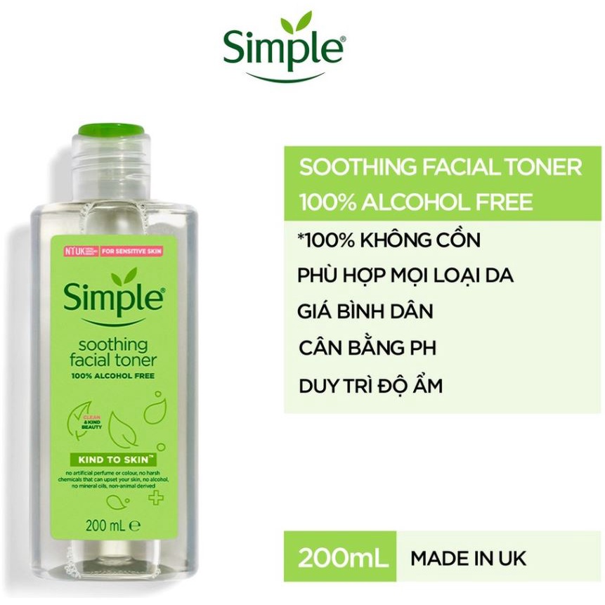 Nước Hoa Hồng Simple Cân Bằng Da Dịu Nhẹ Kind To Skin Soothing Facial Toner 200ml Pro-Vitamin B5 phục hồi
