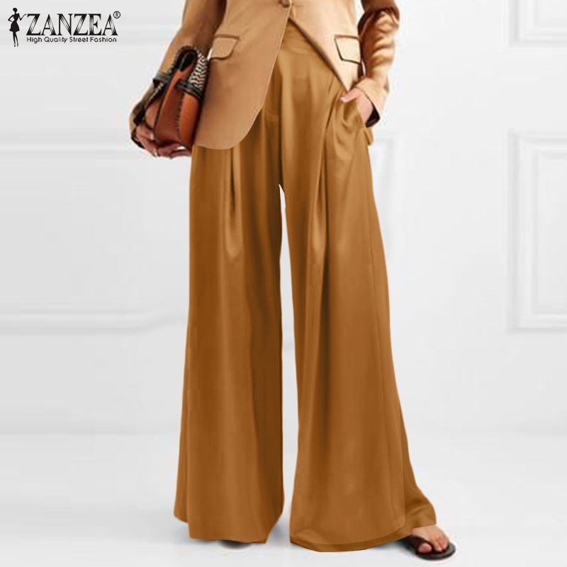 Quần dài ZANZEA bằng lụa satin ống quần rộng thời trang thường ngày dành cho nữ