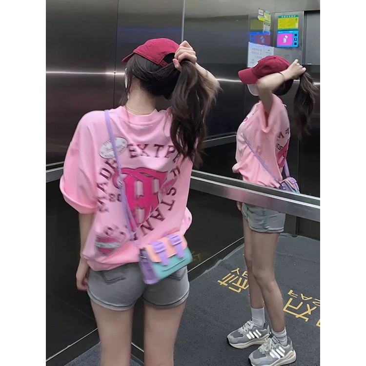 Áo thun ZHELIHANGFEI tay ngắn dáng rộng 100% cotton phong cách thời trang harajuku cho nữ