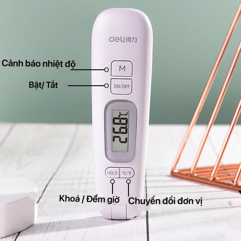 Nhiệt kế điện tử đa năng Deli đo nhiệt độ sữa, nước, thực phẩm, chất lỏng, bấm giờ, gấp gọn chất liệu an toàn