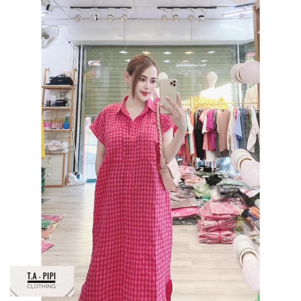 ✔ 𝗙𝗥𝗘𝗘 𝗦𝗛𝗜𝗣 VÁY SƠ MI KẺ HỒNG NGẮN TAY DÁNG THỤNG SIÊU HÓT Ạ