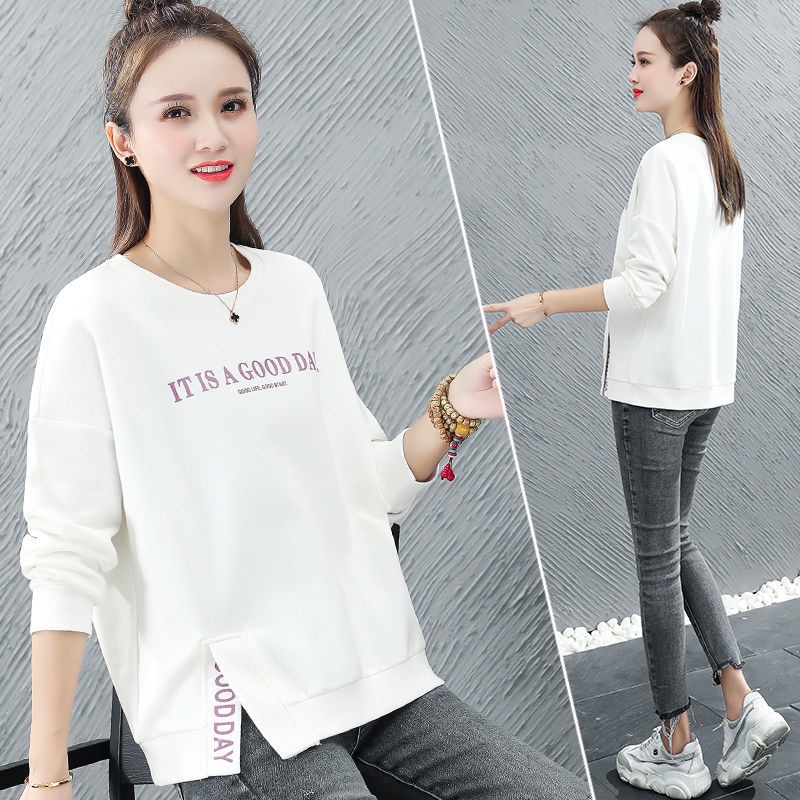 Áo thun tay dài cổ tròn dáng rộng thời trang mùa thu cho phụ nữ trung niên