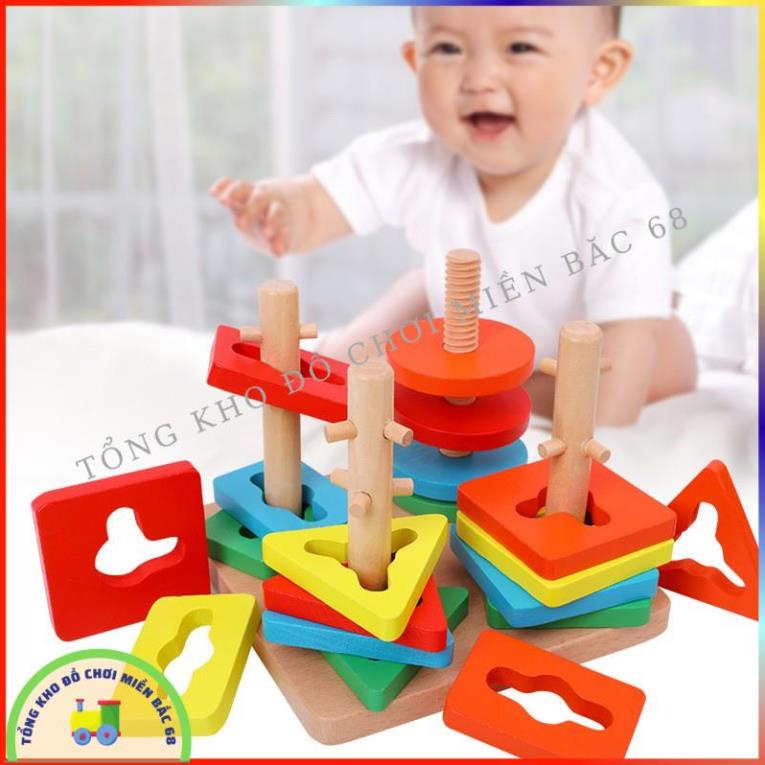 Đồ chơi trí tuệ THẢ HÌNH 4 trụ cột gỗ zic zac siêu to cho bé phân biệt màu sắc rèn luyện sự khéo léo kiên trì