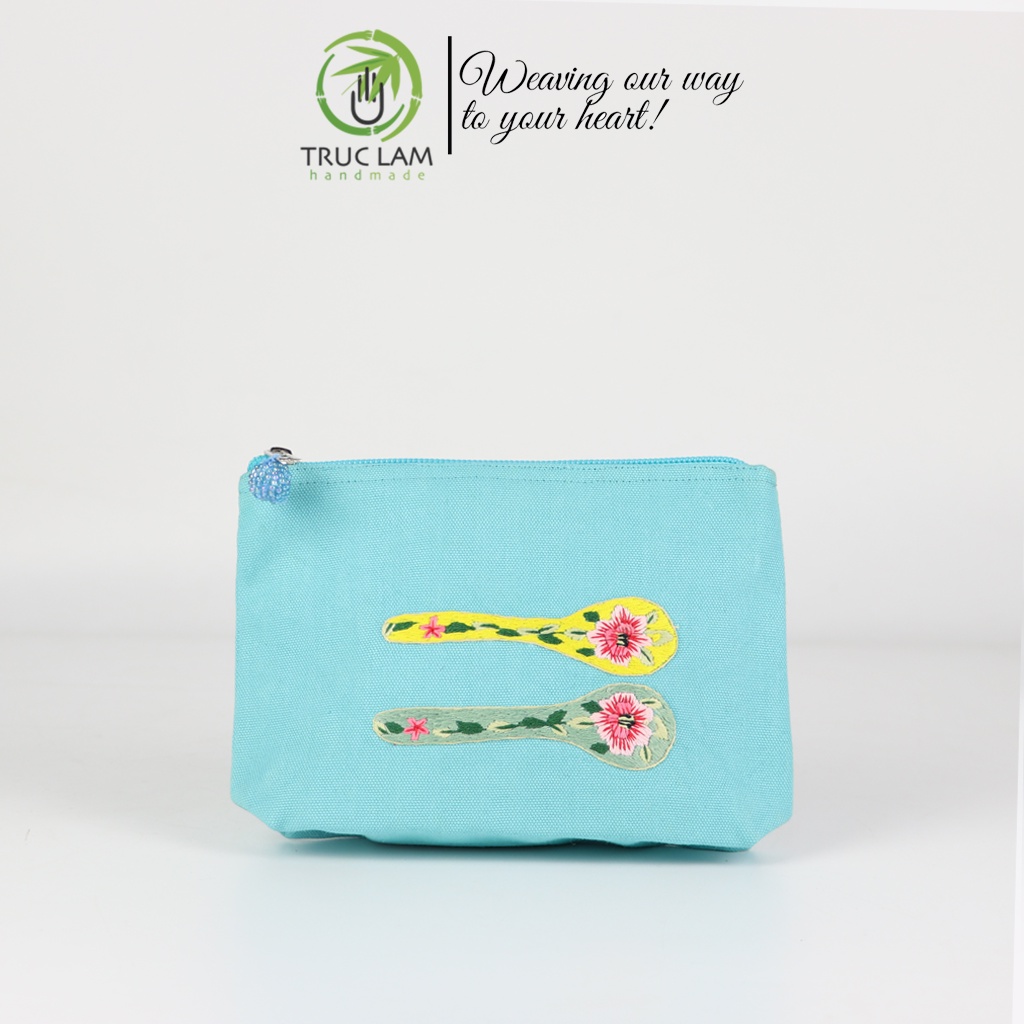 Ví Cầm Tay Nữ Vải Canvas Thêu Tay Họa Tiết Hai Chiếc Thìa Hoa - Trúc Lâm Handmade