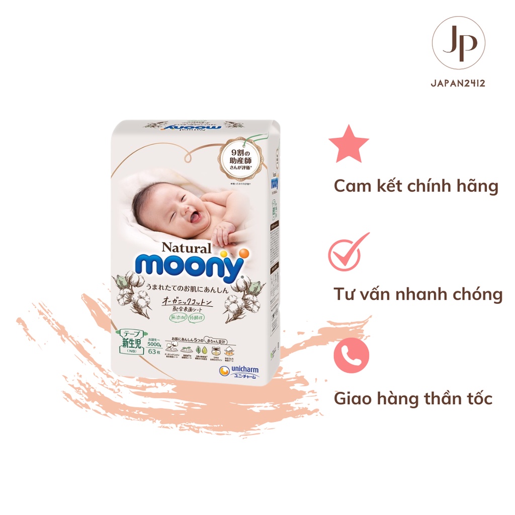 Bỉm Moony Natural Nội Địa Nhật Màu Trắng - Bỉm Moony Dán, Quần Đủ Size NB63/S58/M48/L36/XL32