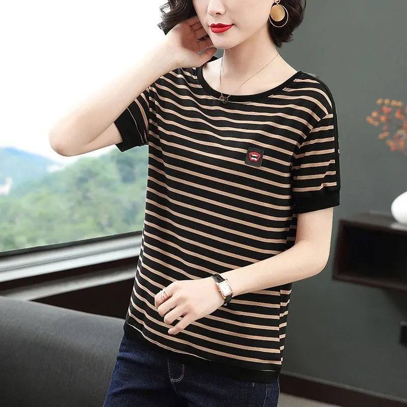 Áo thun cotton tay ngắn dáng rộng có size lớn thanh lịch cho nữ trung niên