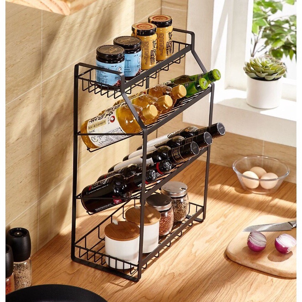 Kệ gia vị 4 tầng bằng thép chống gỉ sơn tĩnh điện 2 ngang, 2 dốc hàng nhập khẩu