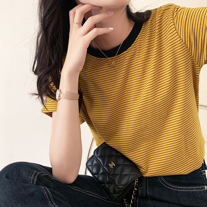 Áo thun cổ tròn tay ngắn họa tiết kẻ sọc phong cách mới năng động 44491