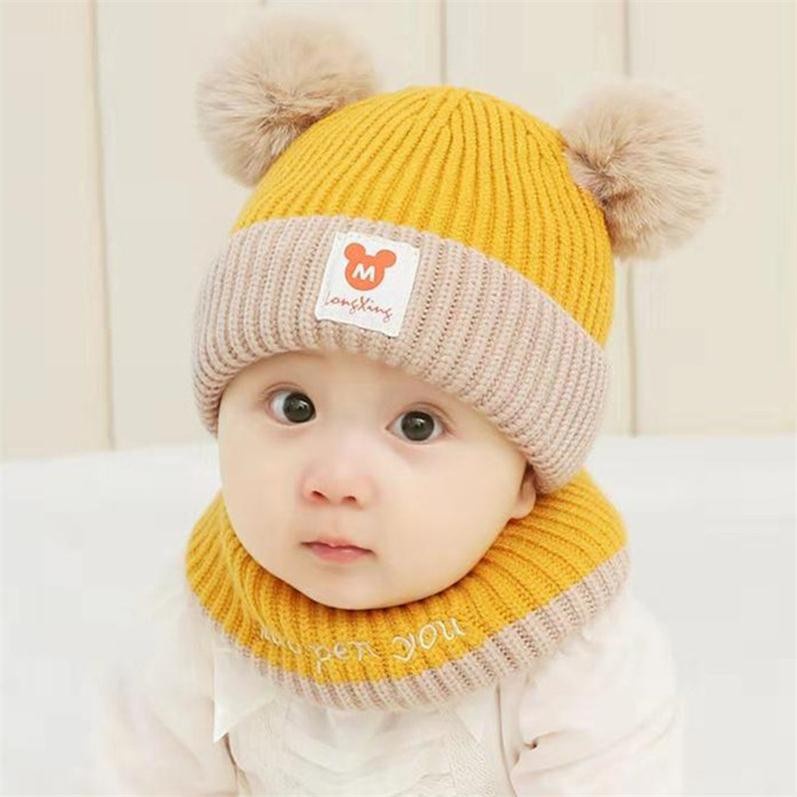 Mũ len kèm khăn QUẢ BÔNG M mềm mịn, giữ ấm cho bé (0-3 tuổi)