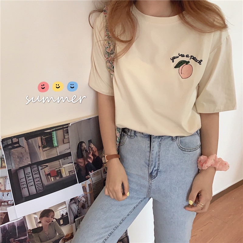 SUXI Áo Thun Tay Ngắn Dáng Rộng Màu Sắc Đơn Giản