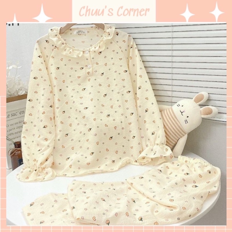 Đồ bộ nữ pijama mặc nhà vải đũi xốp viền bèo hoạ tiết dễ thương, đồ ngủ tay vải mát