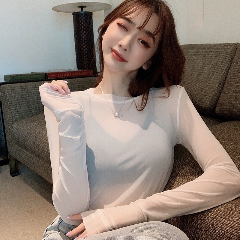 Áo lưới ren mỏng tay dài cổ tròn thời trang cho nữ MS48