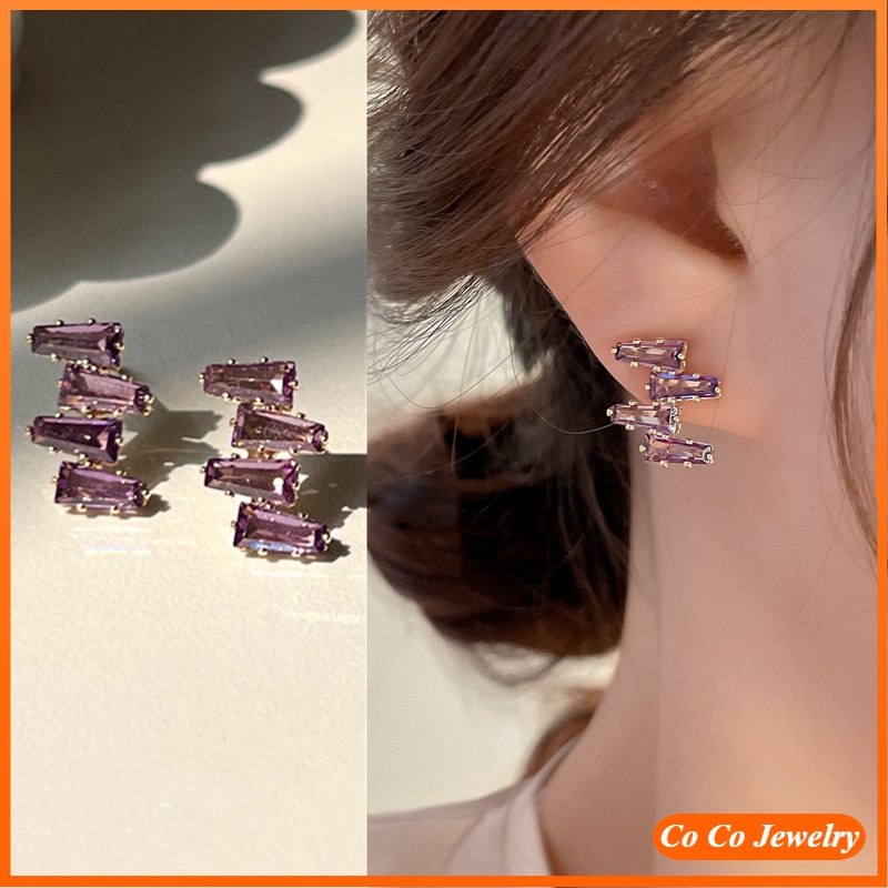 Bông Tai Bạc 925 Đính Đá zircon Tím Phong Cách Hàn Quốc Sang Trọng Dành Cho Nữ