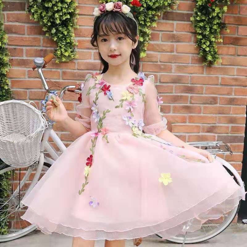 (T022)Đầm công chúa thêu hoa tay bèo lưới dáng xòe cổ tròn