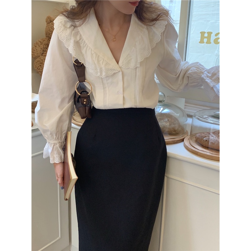 Áo sơ mi dài tay phối ren ngọt ngào phong cách mới 45557