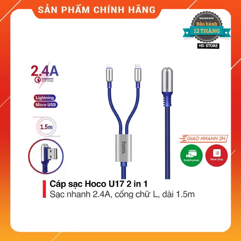 Dây Sạc Hoco U17 2in1 Hỗ Trợ Sạc Nhanh. Cáp Sạc Hoco U17 Độ Bền Cực Cao Siêu Bền Bọc Thép, Truyền Dữ Liệu Cực Tốt