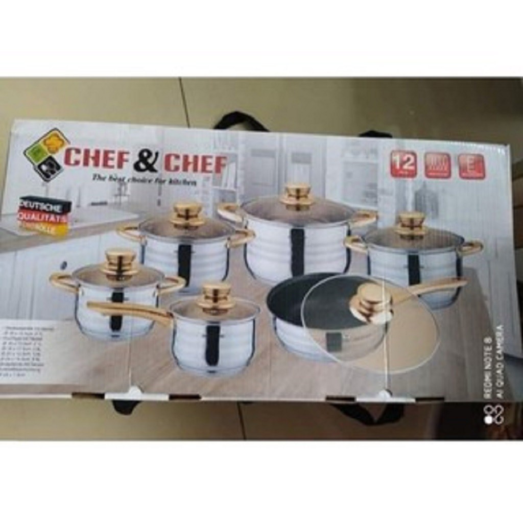 Bộ Nồi Đức Chef And Chef 6 Món Vung Kính 12 Chi Tiết, Đáy Nồi 5 Lớp, Bộ Nồi inox 304 Bền Đẹp Sang Trọng