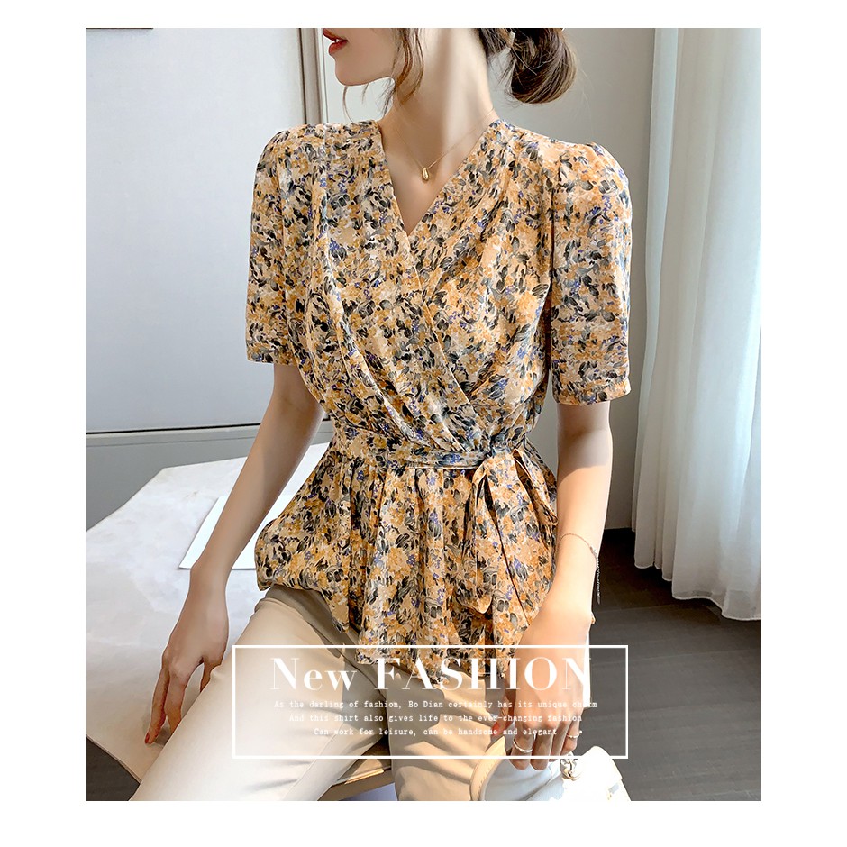 Áo Peplum Ngắn Tay Cổ Chữ V In Hoa Thời Trang