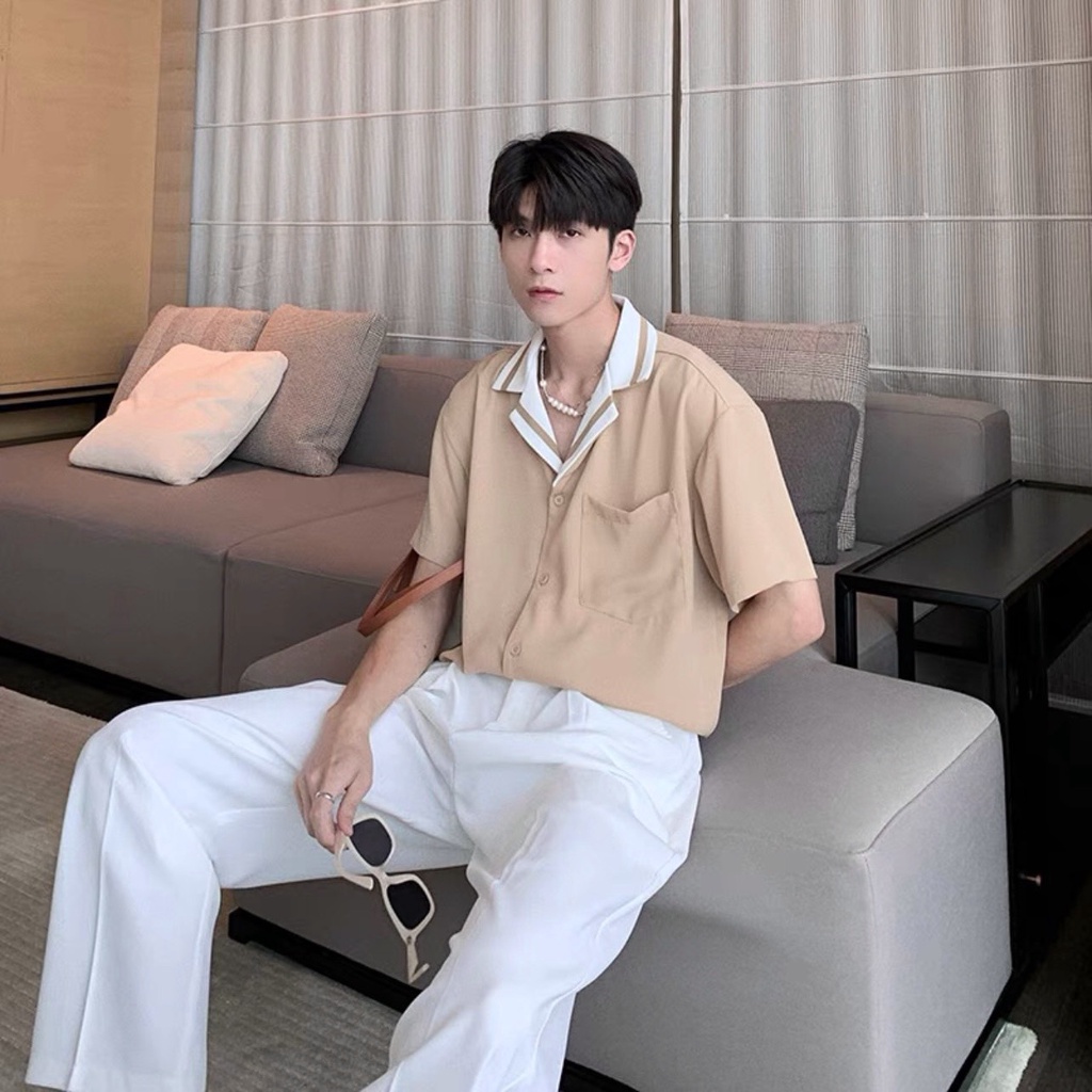 Áo sơ mi cổ Vest Layer tay ngắn nam nữ unisex form rộng tay lỡ basic,chất vải lụa Hàn cao cấp mịn chống nhăn ,1 túi