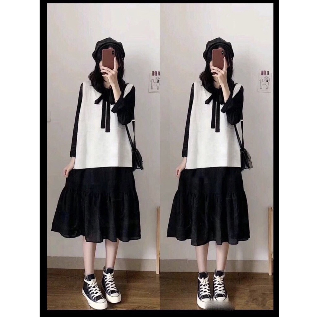 Đầm nữ  🦋 thắt nơ ngực váy trắng và đen đầm dự tiệc đi chơi du lịch váy dài mix kèm áo len gile áo khoác hay cadigant | BigBuy360 - bigbuy360.vn