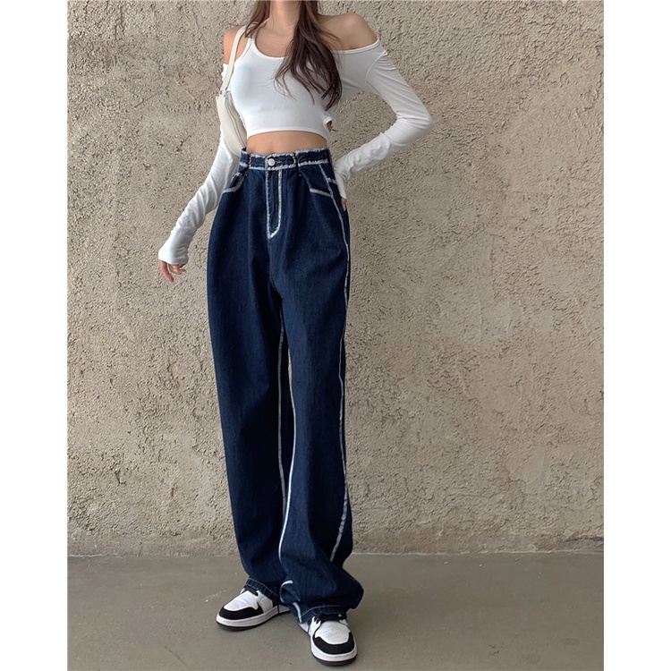 Quần denim Xanh Ống Rộng Lưng Cao Thiết Kế Mới Thời Trang Theo Phong Cách Mỹ Cho Nữ