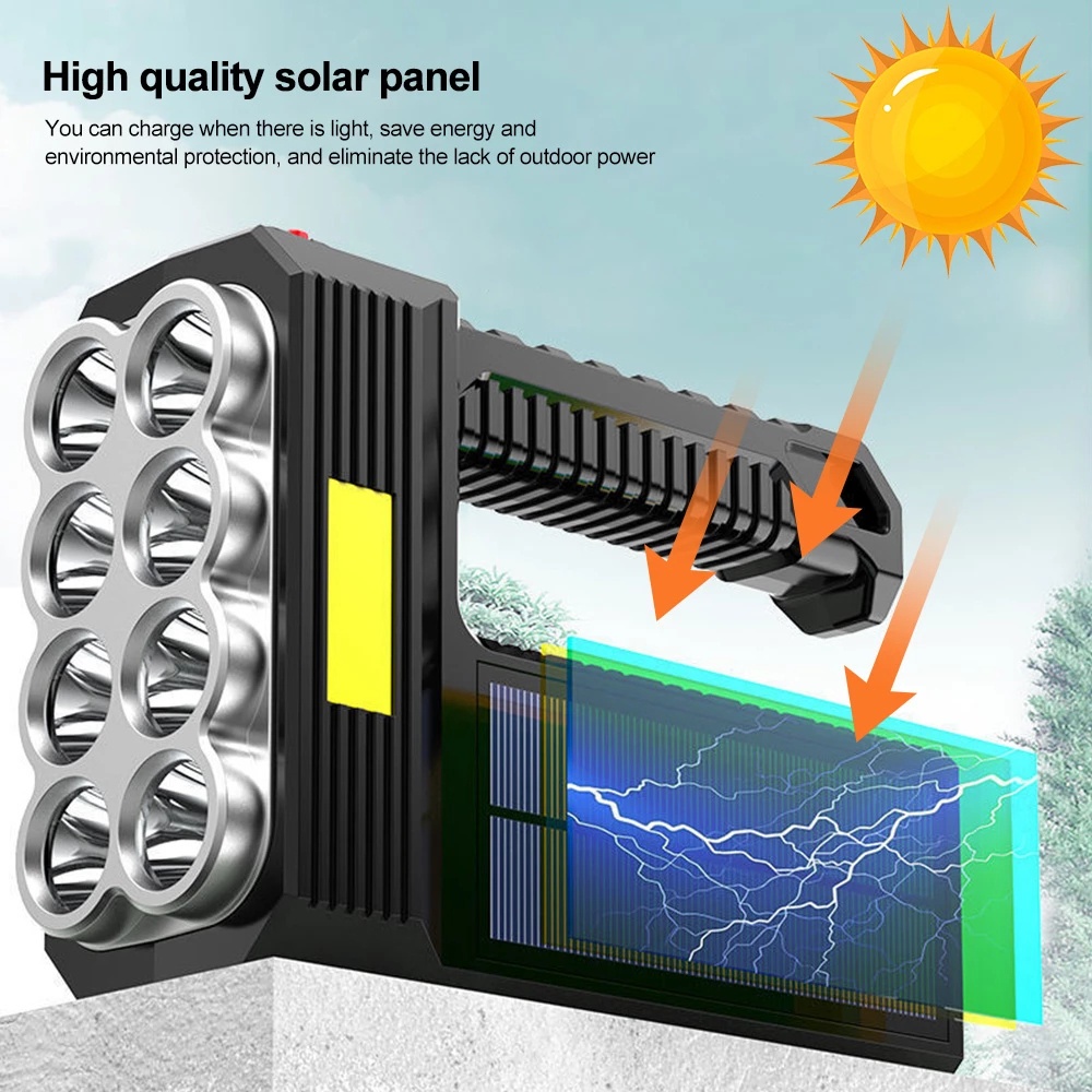 Đèn Pin Năng Lượng Mặt Trời 8LED COB / USB 4 Chế Độ Sáng Đa Năng Chống Thấm Nước Cho Hoạt Động Ngoài Trời