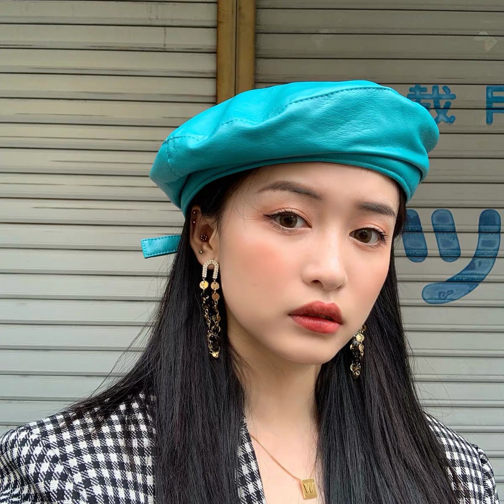 Mũ nồi da PU phong cách thời trang thu đông phong cách nghệ sĩ phương Tây Nhật Bản có thể điều chỉnh