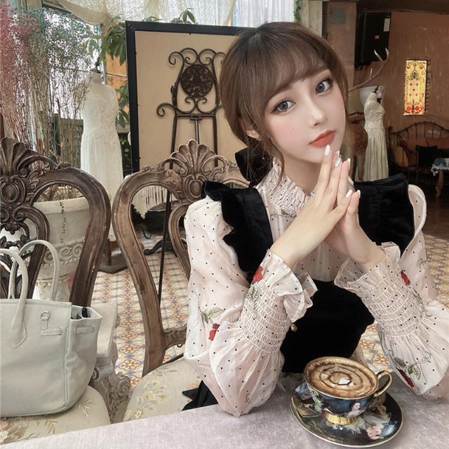 Áo kiểu tay dài họa tiết chấm bi/áo hai dây ôm sáng vừa vặn phong cách Pháp thời trang cho nữ