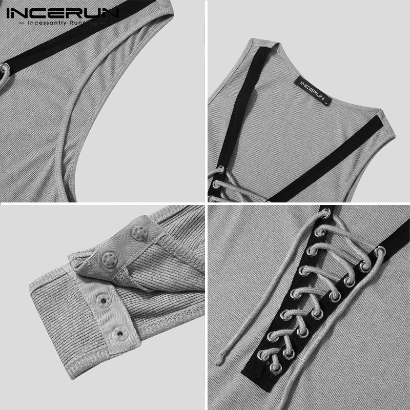 Áo liền quần INCERUN mỏng cổ sâu chữ V không tay phối dây buộc phong cách gợi cảm cho nam