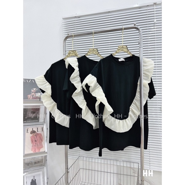 Áo thun tay lỡ dáng babydoll phối viền bèo trắng CAMNHUNG - Áo phông nam nữ chất cotton dày dặn Freesize form rộng 65kg