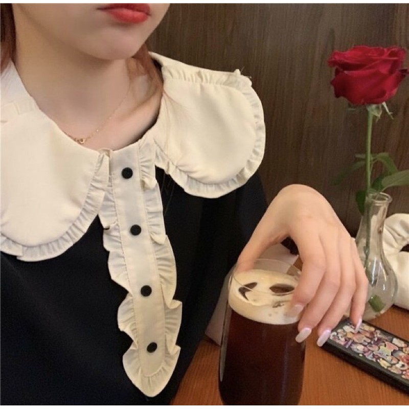 [HÀNG ORDER] Váy Đầm ngắn màu đen bèo trắng phong cách Hàn Quốc AH1127