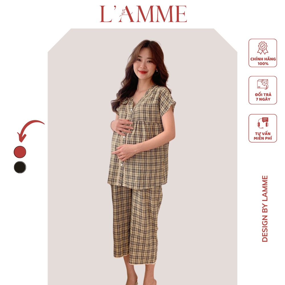 Bộ bầu mặc nhà BL01 họa tiết caro cùng chất kate hàn, có chun rút điều chỉnh bụng by LAMME