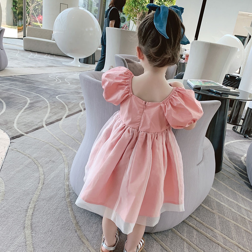 Đầm Công Chúa Tay Ngắn Phối Lưới Màu Hồng Thời Trang Mùa Hè Hàn Quốc Mới Cho Bé Gái