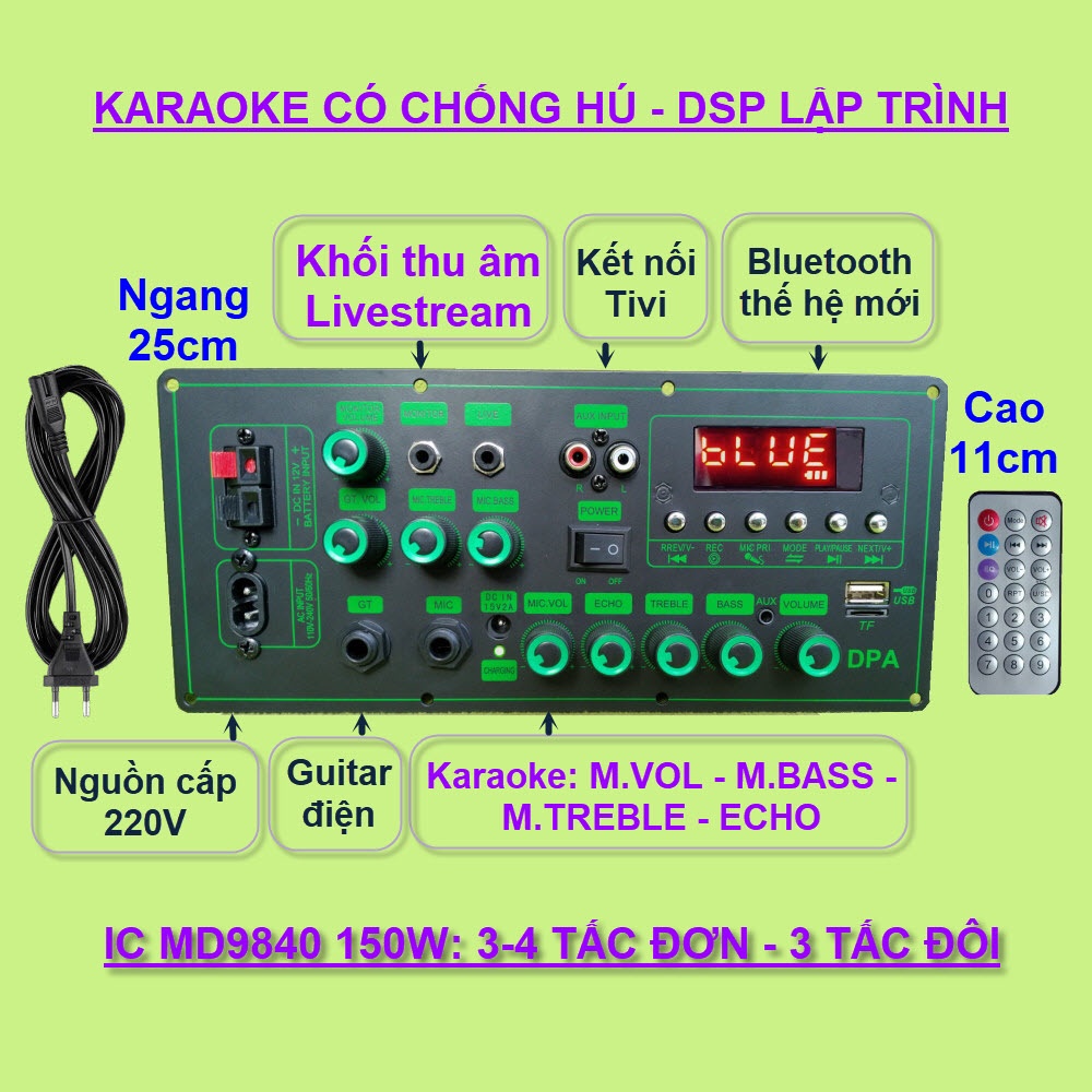 Mạch loa kéo MD9840 150 thu âm LIVESTREAM - DSP lập trình chống hú, chỉnh Bass Treble Micro, nguồn xung 220V