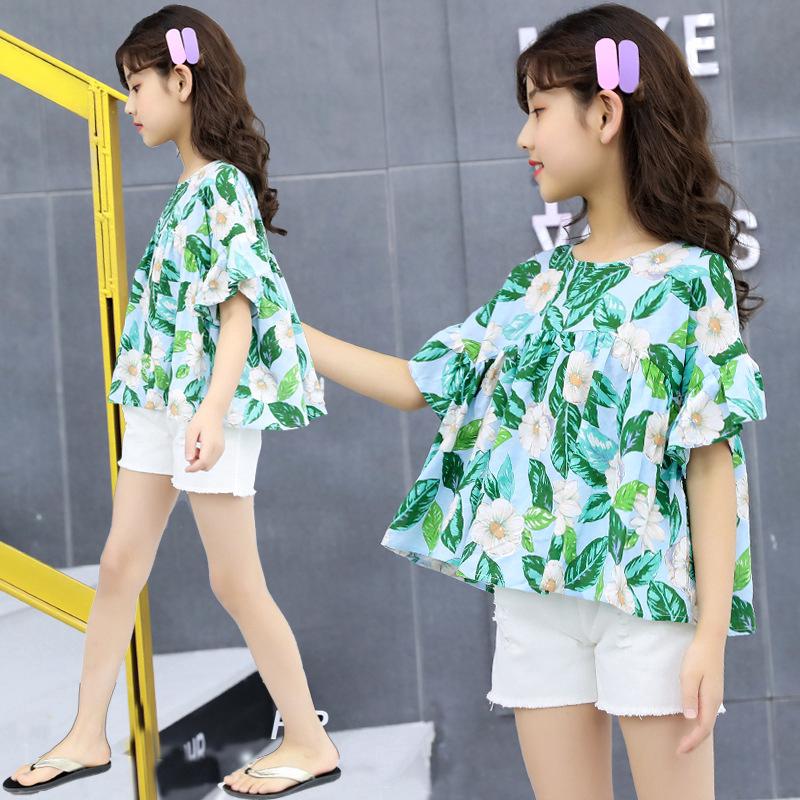 Set áo sơ mi denim + quần short dễ thương cho bé gái 3-12 tuổi