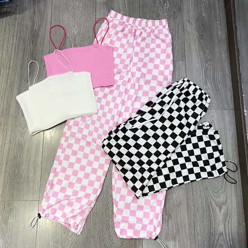 Set 2 Món Quần Longpant Cảro-Croptop Hai Dây Ảnh Thật