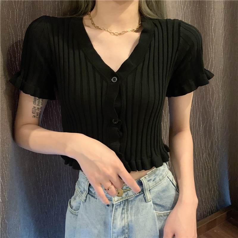 SUXI Mùa hè Mới Màu rắn dệt kim Áo thun nữ Áo phông cổ chữ V Áo ngắn gợi cảm