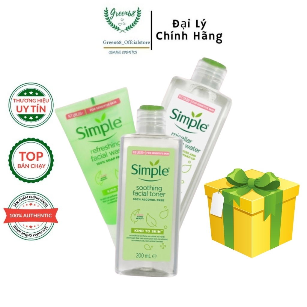 Combo 3 Món Simple Sữa Rửa Mặt 150ml +Nước Tẩy Trang 200ml+ Nước Hoa hồng 200ml