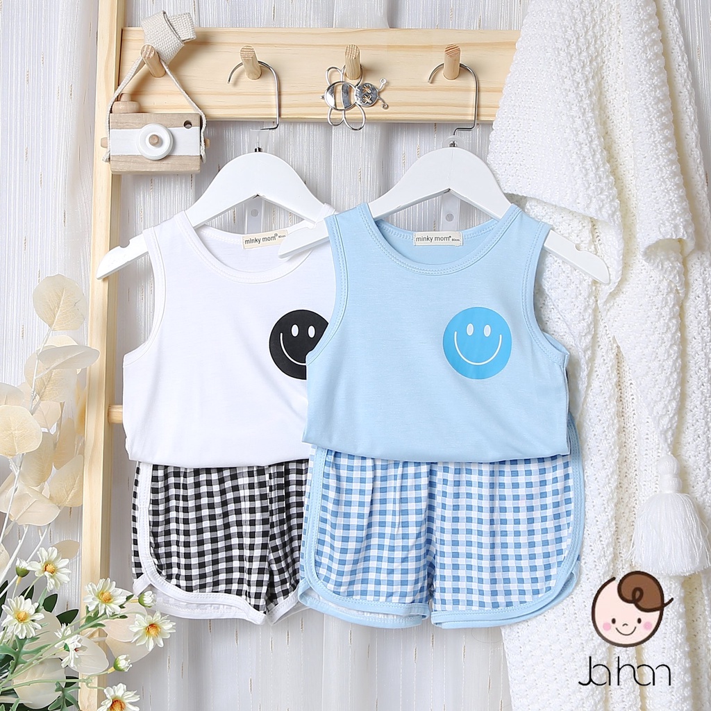 Bộ Ba Lỗ Cho Bé Trai, Bé Gái Minky Mom Vải Thun Lạnh Họa Tiết Mặt Cười Quần Kẻ, Bộ Mặc Nhà Cho Bé - BL4