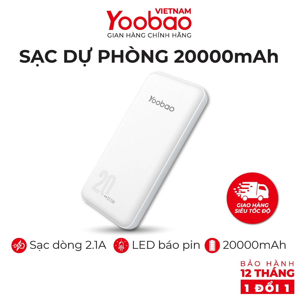 Sạc dự phòng 20000mAh Yoobao D20 - 2 cổng vào Type-C 2 cổng ra USB sạc đồng thời 2 thiết bị, Đèn LED báo pin